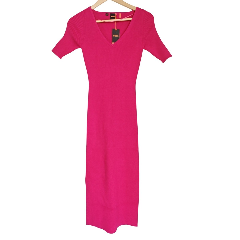 Hugo Boss Dress C Fargheritina‎ Ribbed Knit V Neck Midi Short Sleeve Pink S New